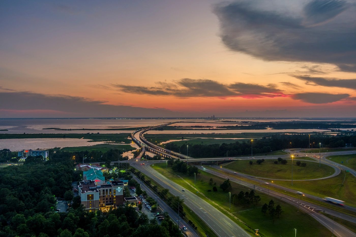 Mobile Bay at dusk from Daphne, with the causeway crossing the water