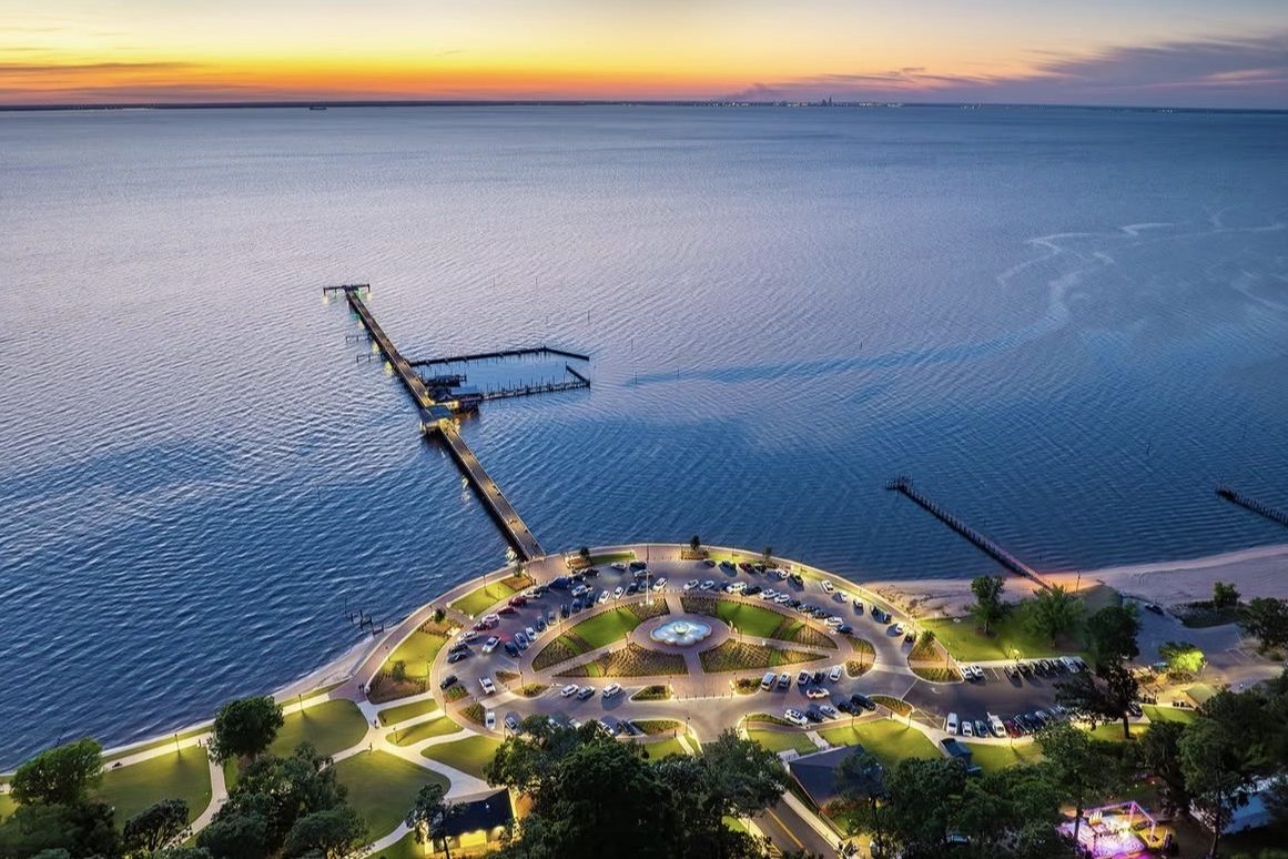 Aerial view of the Fairhope Municipal Pier and park on Mobile Bay