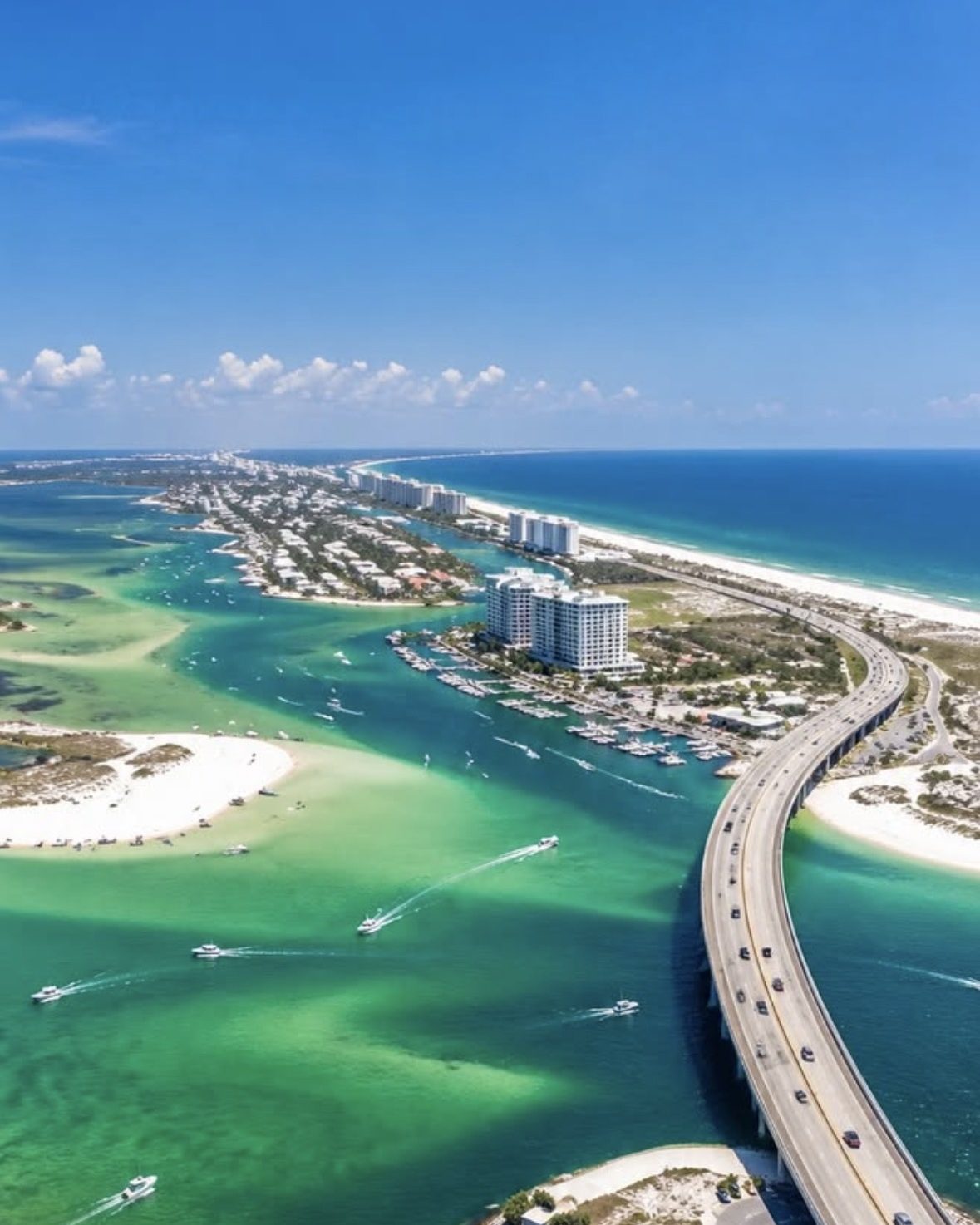 A bridge crossing the pass near Gulf Shores, with condominiums and the Gulf beyond