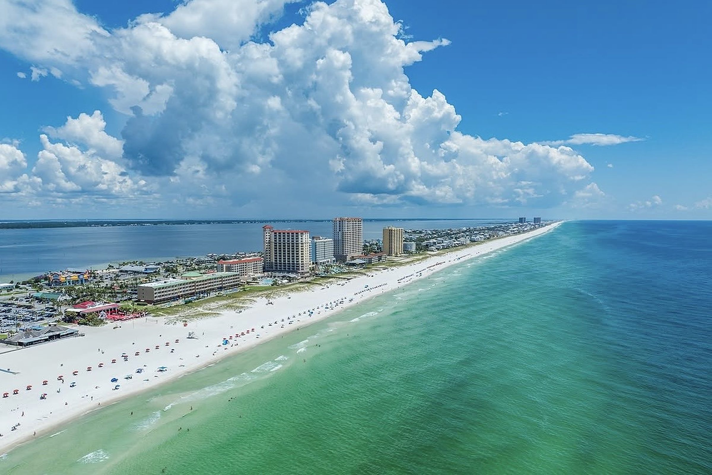 Pensacola Beach and the Gulf of Mexico under a bright sky