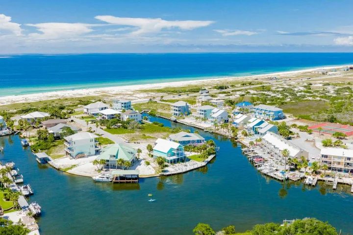 Homes along canals on Perdido Key with the Gulf beyond