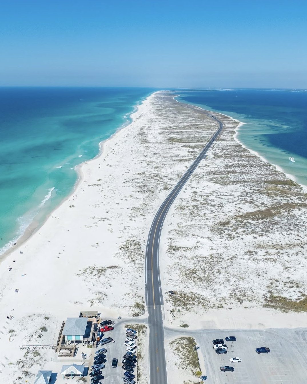 A road running along a barrier island between the Gulf and the sound near Pensacola Beach