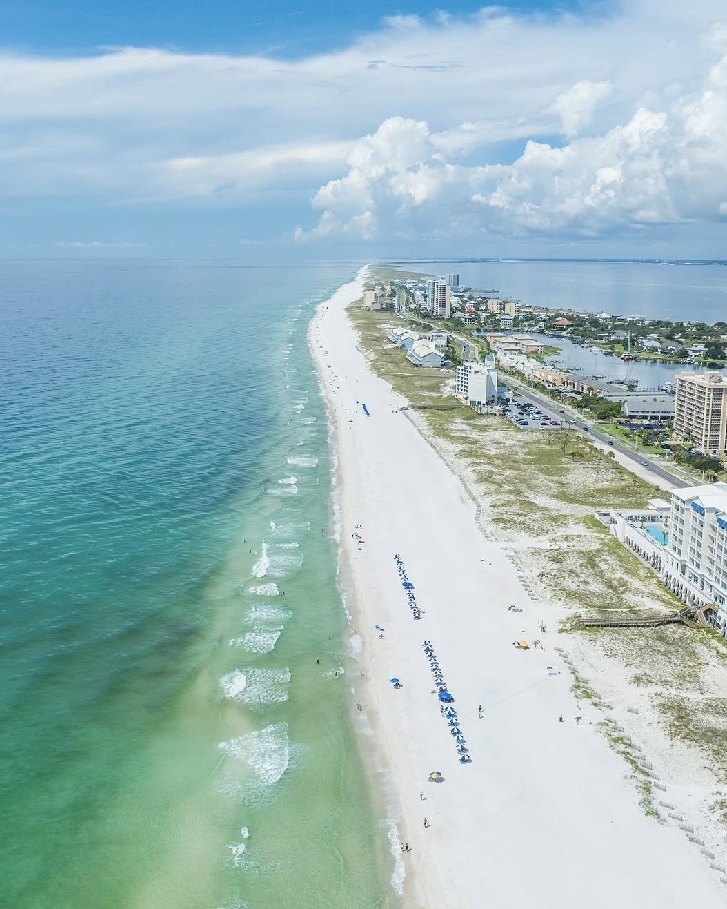 Pensacola Beach, with white sand and the Gulf beside it