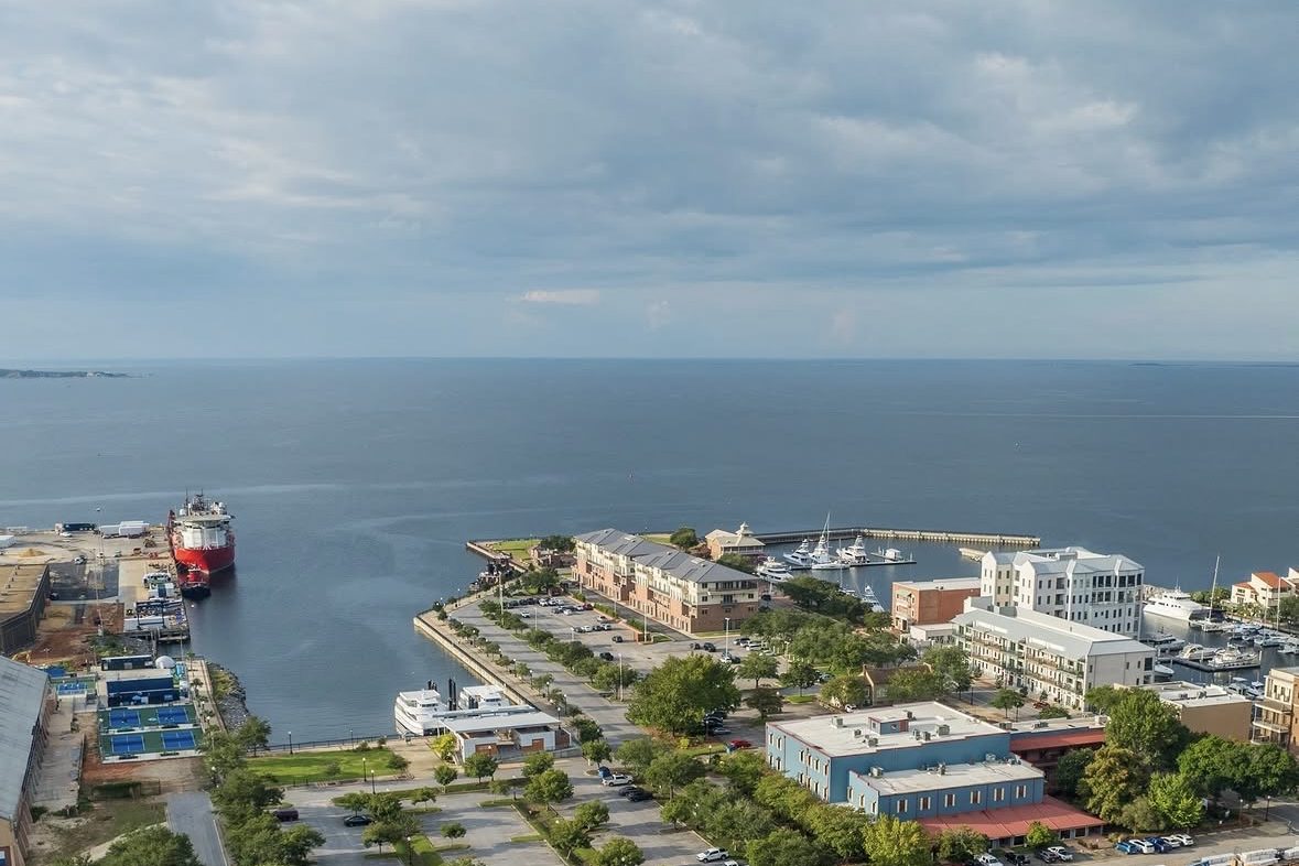 Aerial view of the downtown Pensacola waterfront and marina